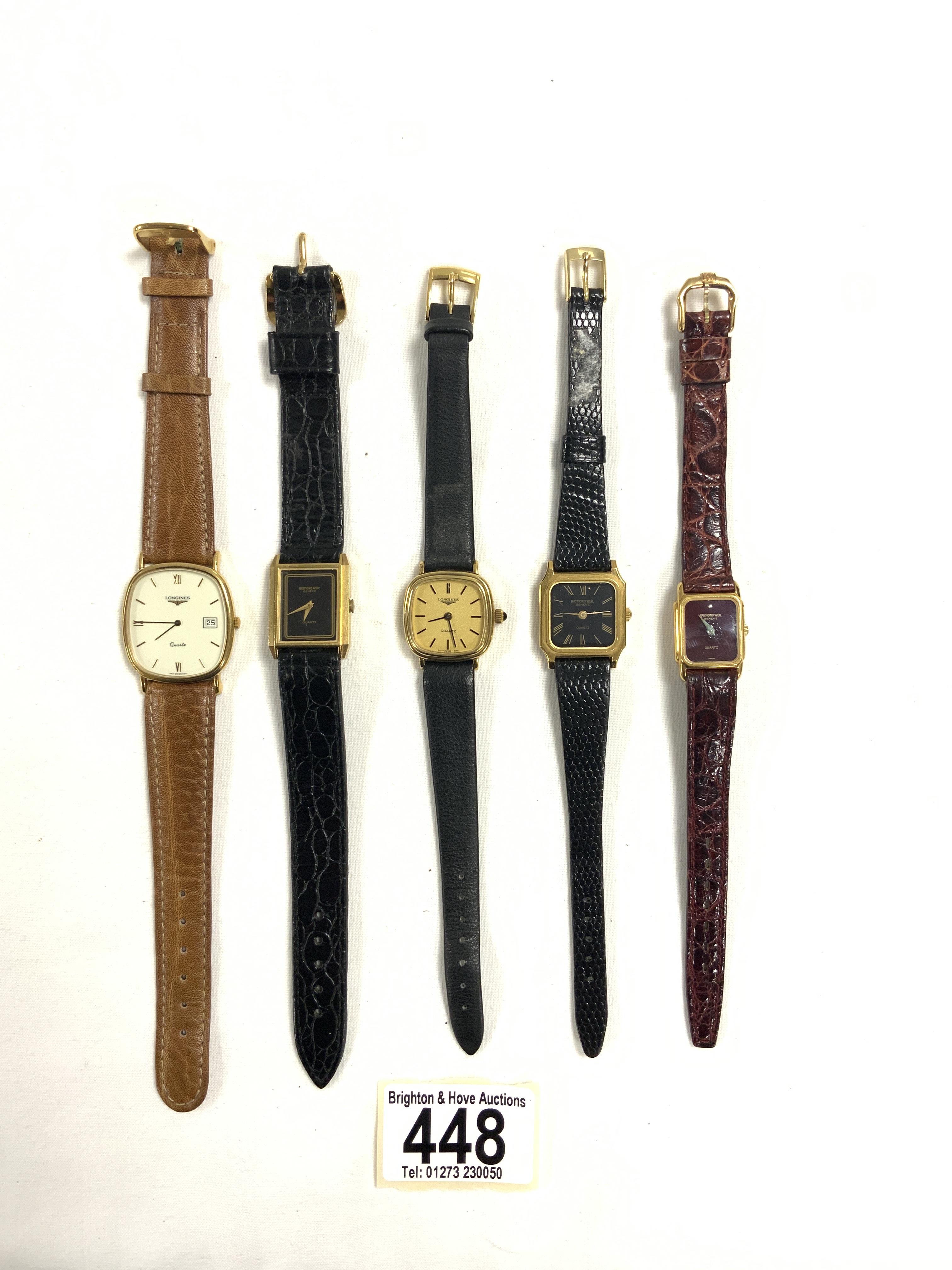 LONGINES GENTS AND LADIES WITH TWO RAYMOND WEIL LADIES WATCHES ALL QUARTZ