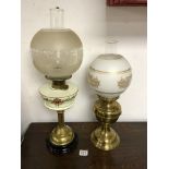 VICTORIAN MAHOGANY BRASS OIL LAMP WITH OPALINE GLASS RESEVOIR, AND ANOTHER BRASS OIL LAMP.