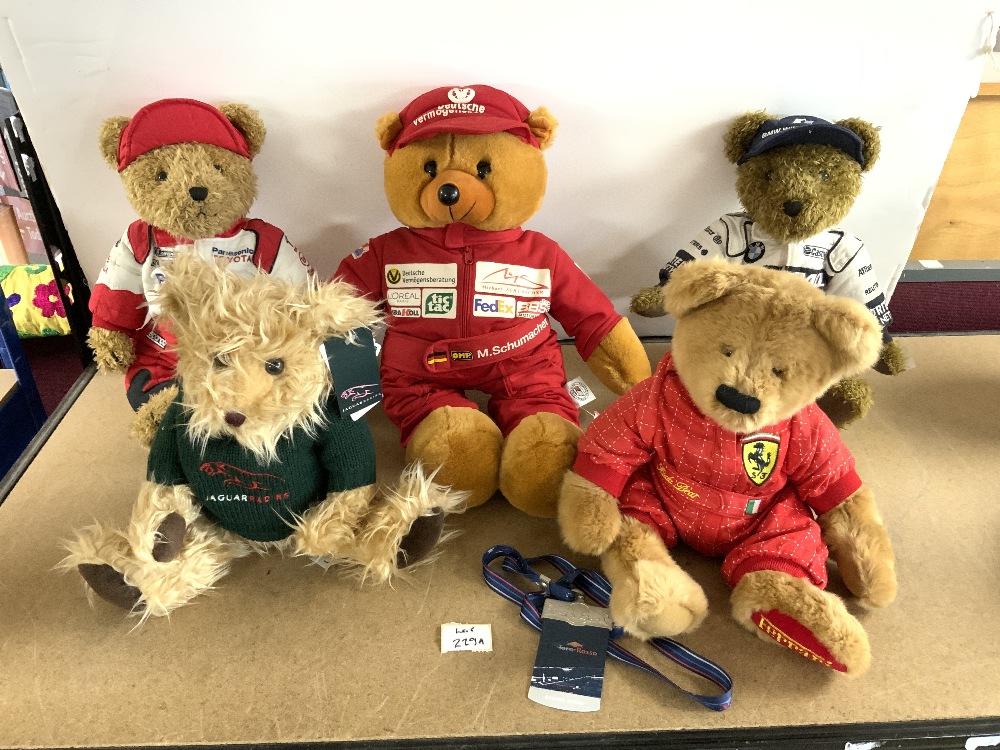 FIVE FORMULA 1 TEDDY BEARS - FERRARI, WILLIAMS AND JAGUAR.