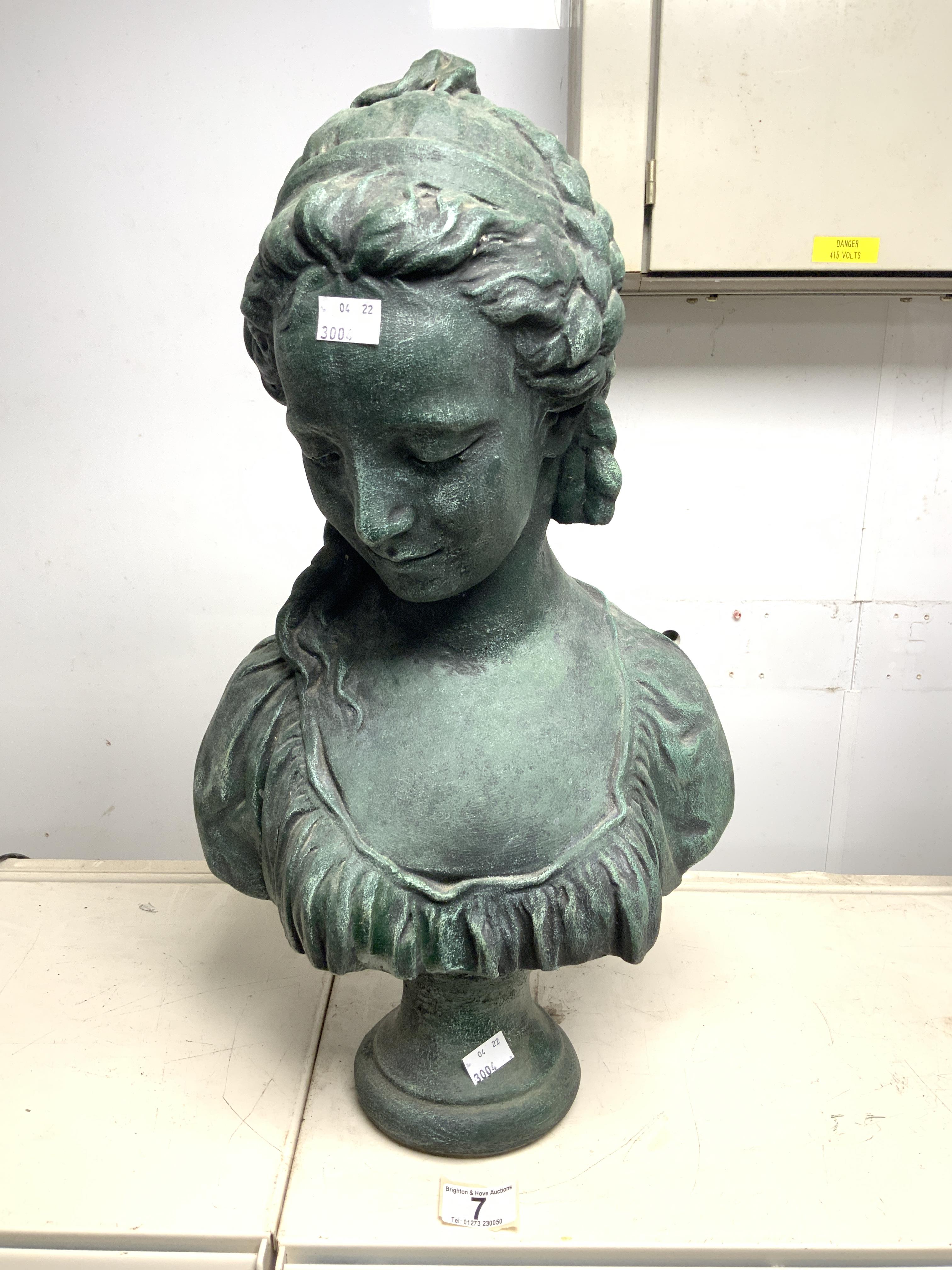 A RECONSTITUTED STONE BUST OF A YOUNG LADY, 54 CMS.