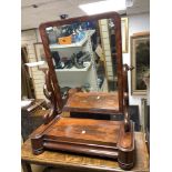 VICTORIAN FLAME MAHOGANY TOILET MIRROR WITH SINGLE DRAWER, ON BUN FEET.