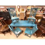 A BLUE PAINTED KITCHEN DINING TABLE AND FOUR CHAIRS, 190X80 CMS.