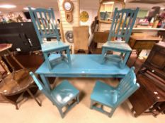 A BLUE PAINTED KITCHEN DINING TABLE AND FOUR CHAIRS, 190X80 CMS.