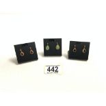 THREE PAIRS OF 375 GOLD DROP EARRINGS AMETHYST, PERIDOT AND SAPPHIRE