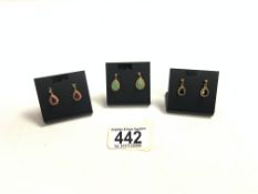 THREE PAIRS OF 375 GOLD DROP EARRINGS AMETHYST, PERIDOT AND SAPPHIRE