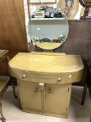 1930s LIMED OAK BOW FRONTED DRESSING TABLE WITH CIRCULAR MIRROR, SINGLE DRAWER, 86X46X130 CMS [