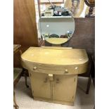 1930s LIMED OAK BOW FRONTED DRESSING TABLE WITH CIRCULAR MIRROR, SINGLE DRAWER, 86X46X130 CMS [
