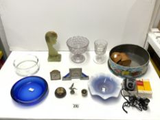 ONYX BUST OF A GIRL, STUDIO GLASS BOWL, OTHER GLASSWARE, SMALL ART DECO MANTEL CLOCK, ETC.