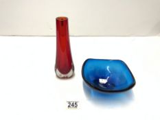 WHITEFRIARS RUBY GLASS VASE, 20 CMS, AND WHITEFRIARS BLUE GLASS DISH.