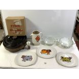 THREE "BEEFEATER" TEAK AND GRILL PLATES, A PORTMEIRION VASE, 13 HALF CMS, AND MORE.