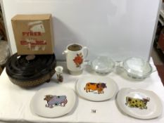 THREE "BEEFEATER" TEAK AND GRILL PLATES, A PORTMEIRION VASE, 13 HALF CMS, AND MORE.