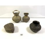 TWO ANTIQUE INDIAN BRONZE POTS WITH SWING HANDLES, 17 CMS TALLEST, ANOTHER INDIAN VASE AND HEART