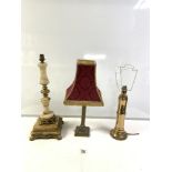A BRASS CORINTHIAN COLUMN TABLE LAMP, 27CMS, ORNATE ONYX AND BRASS TABLE LAMP, AND ANOTHER LAMP.