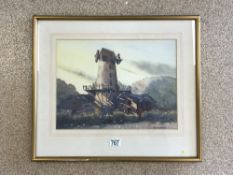 K.F GRANT WATERCOLOUR DRAWING - VIEW OF A DERELICT WINDMILL SIGNED FRAMED AND GLAZED 56 X 49 CM