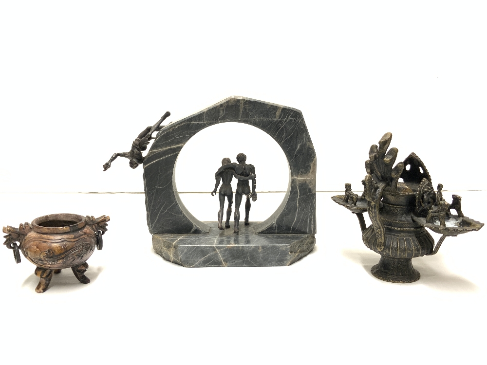 ANGLO INDIAN METAL INCENSE BURNER, SOAPSTONE KORO, AND A MARBLE FIGURE SCULPTURE. - Image 3 of 5