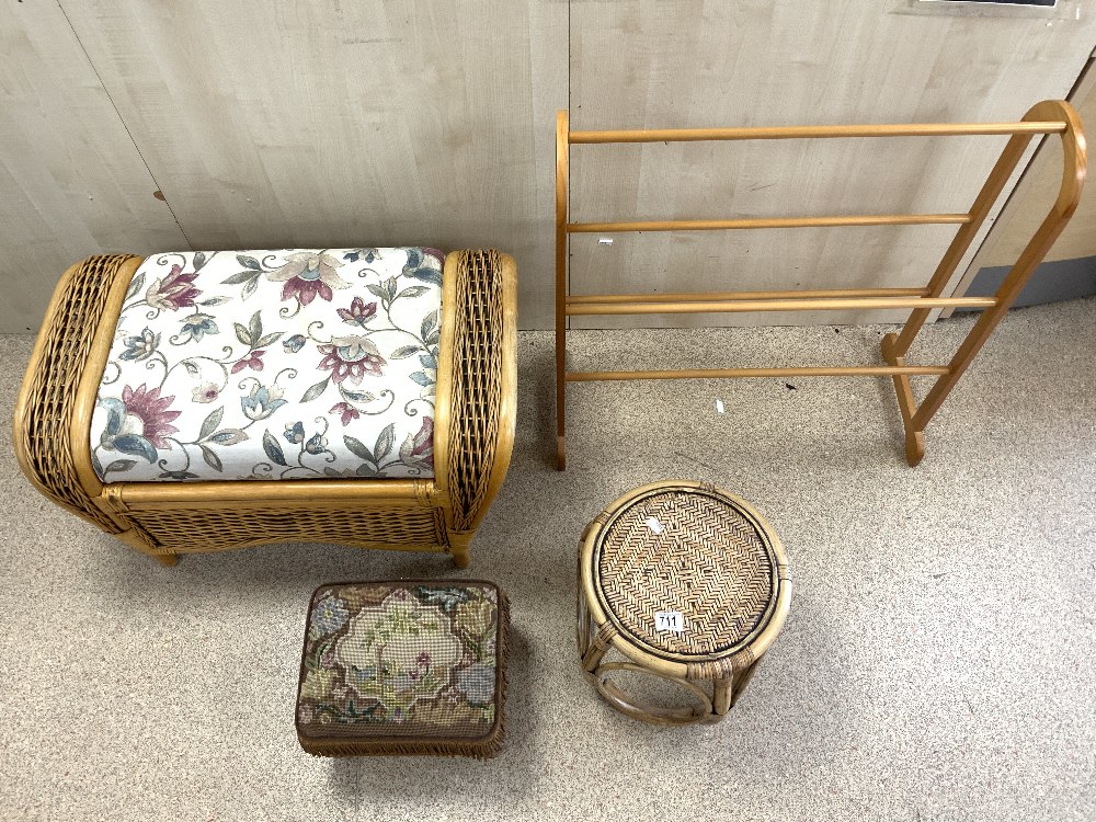 SMALL VICTORIAN FOOTSTOOL, CANE AND WICKER STOOL AND STAND, AND A MODERN TOWEL RAIL. - Image 2 of 4