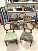 SET FOUR VICTORIAN MAHOGANY BALLOON BACK DINING CHAIRS ON TURNED LEGS.