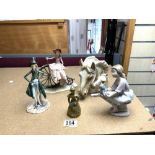 LLADRO FIGURE OF A GIRL AND A TEDDY BEAR, HORSES HEAD VASE, TWO OTHER FIGURES, AND A BRASS LADY