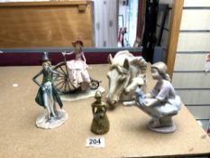 LLADRO FIGURE OF A GIRL AND A TEDDY BEAR, HORSES HEAD VASE, TWO OTHER FIGURES, AND A BRASS LADY