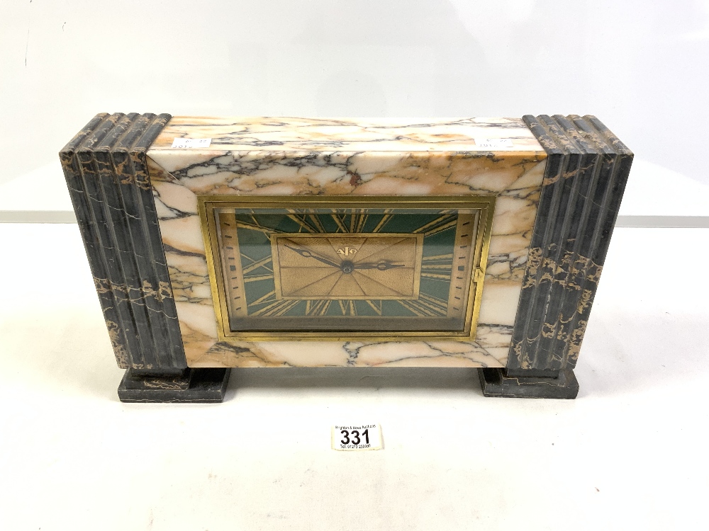 1930s FRENCH ART DECO TWO COLOUR MARBLE MANTEL CLOCK, WITH GREEN AND GOLD SUNBURST DIAL, CONVERTED