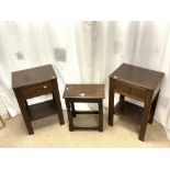 A PAIR OF SOLID OAK SINGLE DRAWER SIDE TABLES, 43X32X67 CMS, AND CARVED OAK JOINT STOOL.