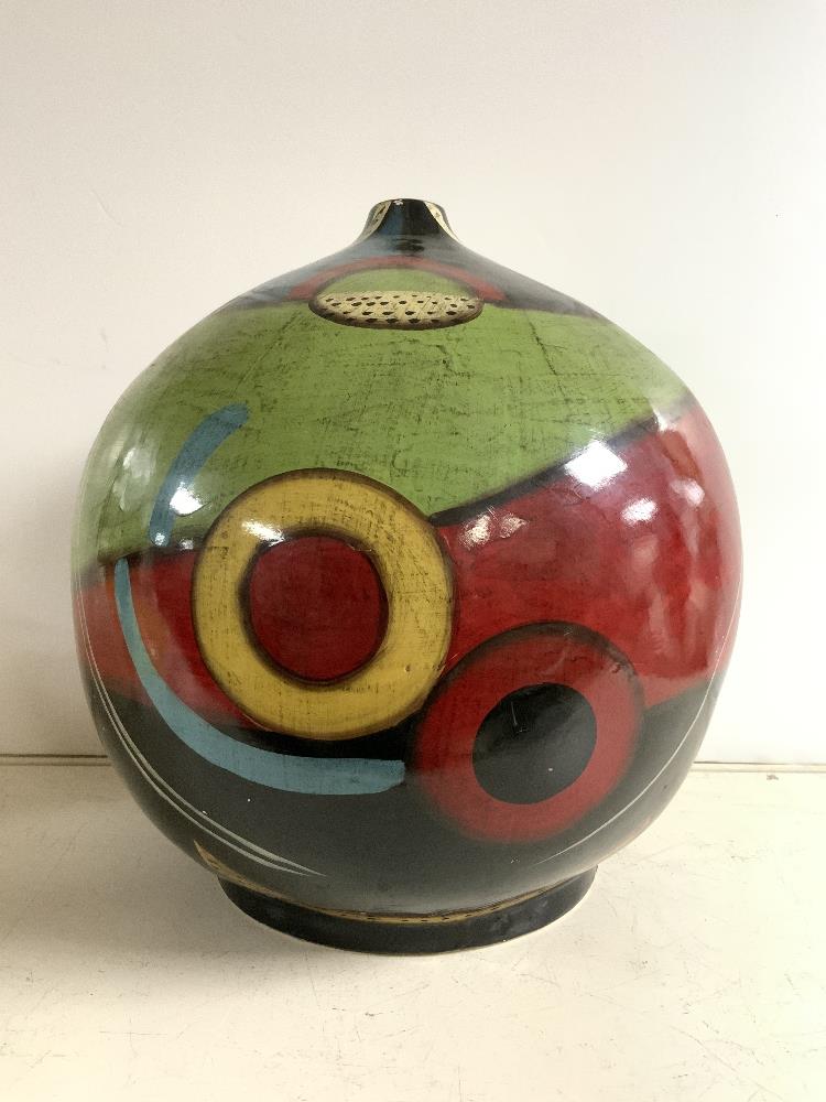 A MODERN ABSTRACT PATTERN COLOURED GLOBULAR CERAMIC VASE, 32 CMS. - Image 2 of 4