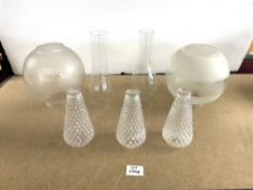 TWO ETCHED GLASS OIL LAMP GLOBE SHADES AND CHIMNEYS, AND 3 SMALL GLASS PINEAPPLE SHADES.