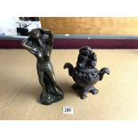 CHINESE SOAPSTONE INCENSE BURNER WITH FO DOG COVER, 22 CMS, AND A BRONZE EFFECT EROTIC FIGURE.