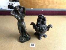 CHINESE SOAPSTONE INCENSE BURNER WITH FO DOG COVER, 22 CMS, AND A BRONZE EFFECT EROTIC FIGURE.