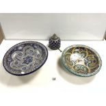 TURKISH POTTERY BLUE AND WHITE DECORATIVE BOWL, 40CMS DIAMETER, AND TURQUOISE BOWL, AND BLUE GLASS