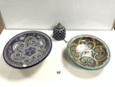TURKISH POTTERY BLUE AND WHITE DECORATIVE BOWL, 40CMS DIAMETER, AND TURQUOISE BOWL, AND BLUE GLASS