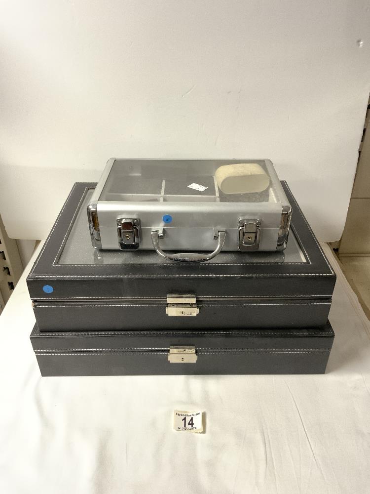 TWO PORTABLE JEWELLERY DISPLAY CASES, 43X29, AND A SMALL CARRY CASE.