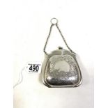 VICTORIAN HALLMARKED SILVER ENGRAVED PURSE IN THE FORM OF A HANDBAG WITH ORIGINAL BROWN LEATHER