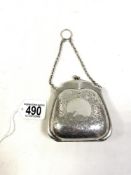 VICTORIAN HALLMARKED SILVER ENGRAVED PURSE IN THE FORM OF A HANDBAG WITH ORIGINAL BROWN LEATHER