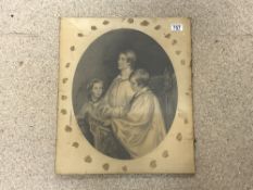 UNFRAMED VICTORIAN OVAL PENCIL DRAWING LAID ON CANVAS DEPICTING THREE CHORISTERS 45 X 36CM