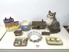 A BESWICK PORCELAIN CAT, 21 CMS, SMALL EARLY VICTORIAN BLUE AND WHITE CHAMBER POT, W H GOSS ANN