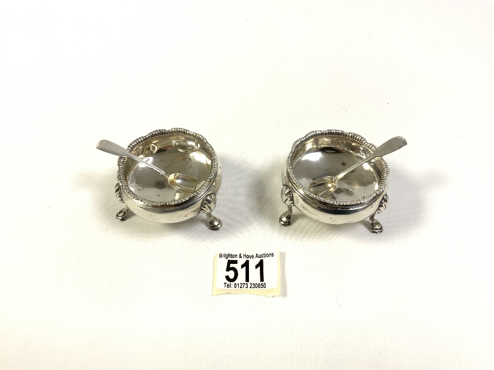 PAIR OF GEORGE 111 HALLMARKED SILVER CIRCULAR SALTS RAISED ON HOOF FEET DATED 1776 BY ANN SMITH &