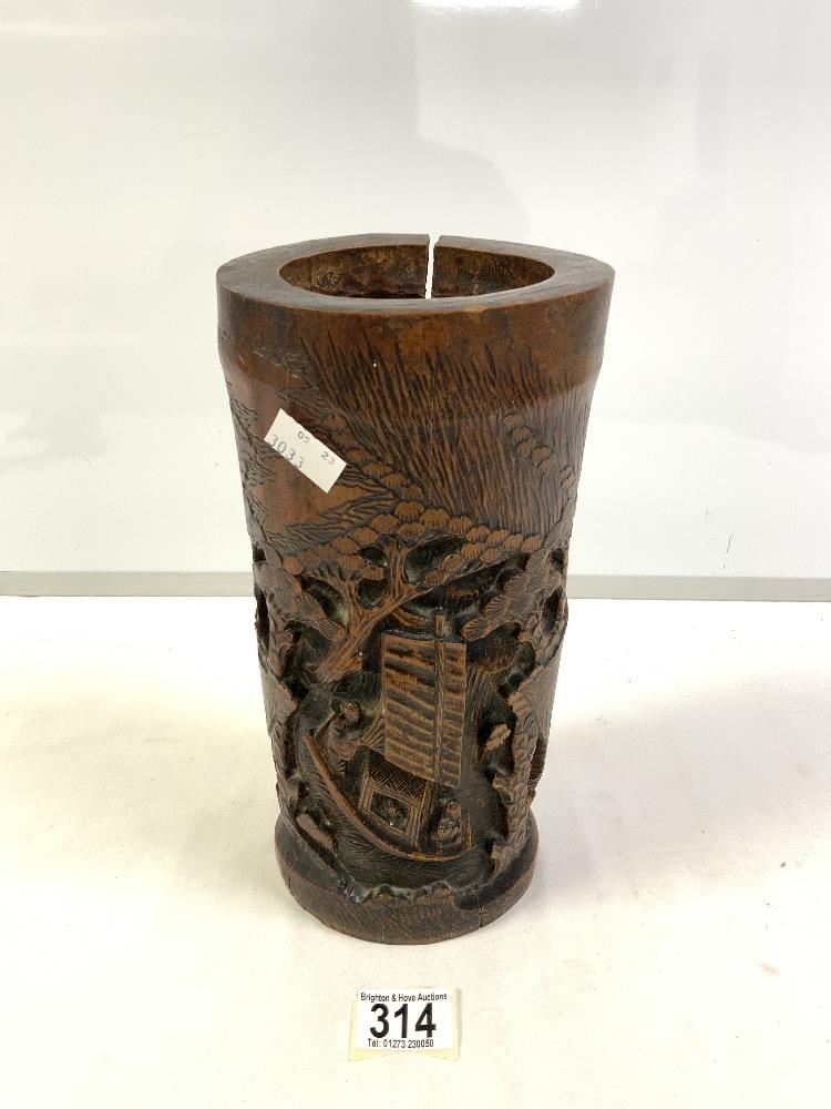 A CHINESE CARVED BAMBOO BRUSH POT, 27CMS.