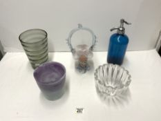 BLUE GLASS SELTZER SODA SYPHON, VILLERY & BOCH CLEAR GLASS BOWL, AND THREE OTHER GLASS VASES.