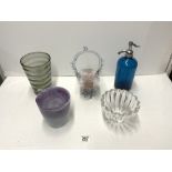 BLUE GLASS SELTZER SODA SYPHON, VILLERY & BOCH CLEAR GLASS BOWL, AND THREE OTHER GLASS VASES.