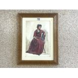 UNSIGNED WATERCOLOUR DRAWING FULL LENGTH PORTRAIT OF A YOUNG WOMEN 35 X 24CM MAPLE FRAMED AND GLAZED