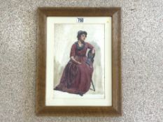 UNSIGNED WATERCOLOUR DRAWING FULL LENGTH PORTRAIT OF A YOUNG WOMEN 35 X 24CM MAPLE FRAMED AND GLAZED