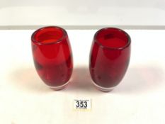 TWO 1960s RUBY RED GLASS VASES, 15 CMS.