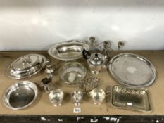 SILVER PLATED 3 PIECE TEA SET, SILVER PLATED ENTRE DISH, CIRCULAR PLATED TRAY AND OTHER PLATED