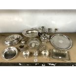 SILVER PLATED 3 PIECE TEA SET, SILVER PLATED ENTRE DISH, CIRCULAR PLATED TRAY AND OTHER PLATED