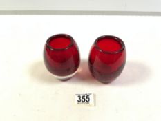 TWO 1960s RUBY RED GLASS WHITEFRIARS VASES, 10 CMS.