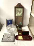SILVER PLATED EMBOSSED ADDRESS BOOK, PHOTO FRAME,A WOODEN DESK SET, CUT GLASS FRUIT BOWL, AND TWO