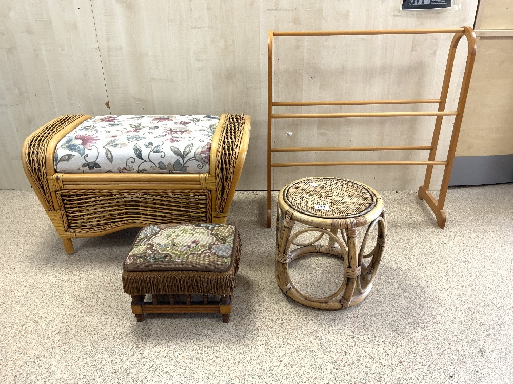SMALL VICTORIAN FOOTSTOOL, CANE AND WICKER STOOL AND STAND, AND A MODERN TOWEL RAIL. - Image 3 of 4