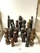 PAIR CARVED AFRICAN HARDWOOD BUST BOOKENDS, AND CARVED HARWOOD FIGURES AND BUSTS.