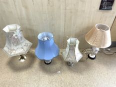 TWO MODERN CERAMIC TABLE LAMPS AND SHADES, AND TWO OTHERS.